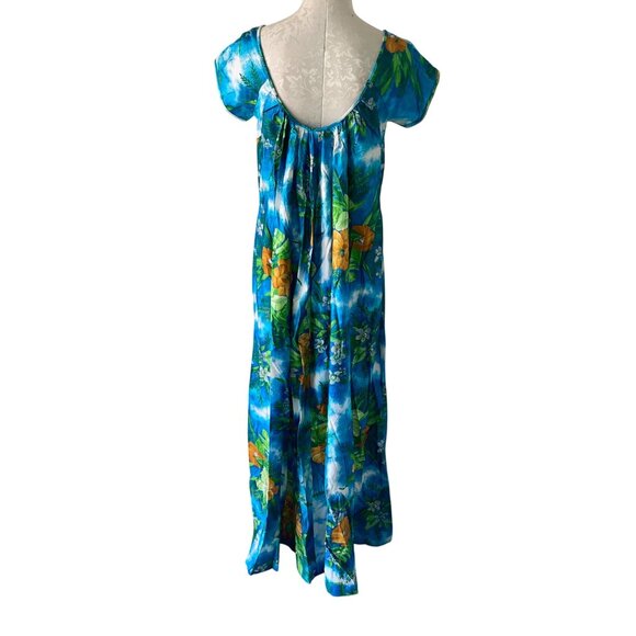 Paradise Hawaii Vintage Womens Dress Size M Blue Floral Maxi Pure Cotton New - Picture 3 of 11